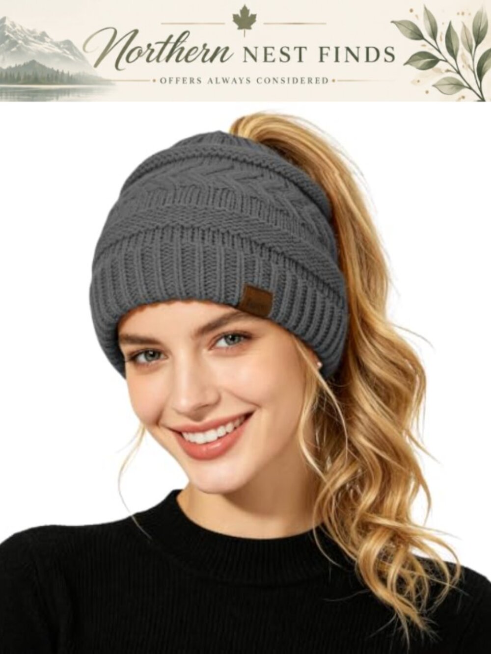 Women's Winter Warm Cable Knit Ponytail Beanie Soft Stretch Messy Bun Hat